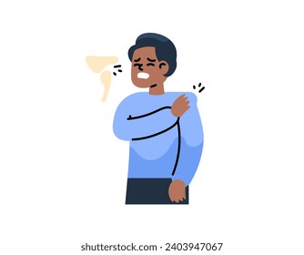 Illustration of a man who has a dislocated shoulder. The upper arm bone shifts or detaches out of the shoulder joint. holding the afternoon shoulder. problems and incidents. Flat and cartoon character