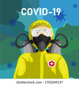It is an illustration of a man who has a yellow suit where he has an oxygen mask that protects himself from the covid-19