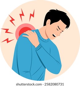 Illustration of a man who is having shoulder pain. He is in pain and holding his shoulder.