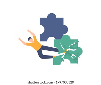 illustration of a man who kicked a puzzle pieces until it is destroyed or broken. problem solving concepts, instant solutions, shortcuts. flat design. can be used for elements, landing pages, UI, web