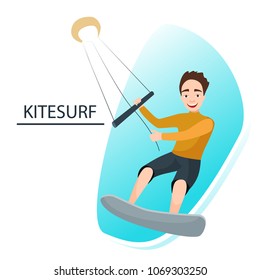 Illustration of a man who is kitesurfing. 
Water sports.
