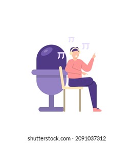 illustration of a man who is listening and enjoying a song. podcast and music concept. ASMR or Autonomous Sensory Meridian Response. entertainment. flat cartoon style. vector design. design elements
