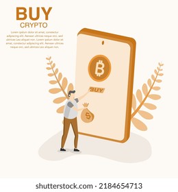 illustration of a man who makes a transaction buying and selling cryptocurrency. buying and selling of crypto assets, transactions of crypto assets.