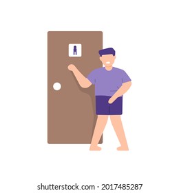illustration of a man who needs to pee. knock on the toilet door. expression of a person who wants to urinate. flat cartoon style. vector design