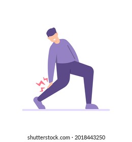 Illustration Of A Man Who Is In Pain Because His Calf Or Leg Feels Sore. Holding Feet, Nerve Disease And Inflammation Of The Muscles. The Expression Of The Person Who Feels Pain. Flat Cartoon Style