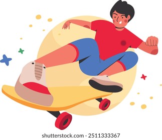 Illustration of a man who is skateboarding with a dynamic and colorful design concept that gives the impression of courage and enthusiasm.