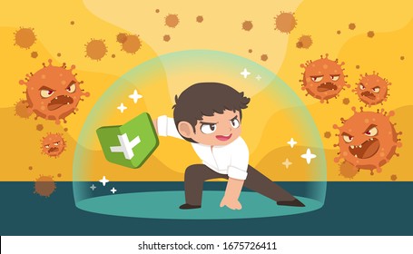 ILLUSTRATION OF MAN WHO STAYS HEALTHY AND HOLDING GREEN SHIELD TO DEFEND HIMSELF AGAINST CORONA VIRUS COVID-19 IN YELLOW BACKGROUND