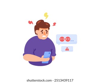 ilustração de um homem que está estressado porque recebe uma mensagem de reclamação. discuta com sua namorada ou chefe via mensagem. bate-papo irritado. envolvido em problemas. design de personagem de estilo plano. elementos