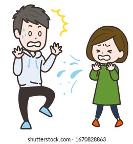 It is an illustration of a man who is surprised by a sudden cough. Vector image.