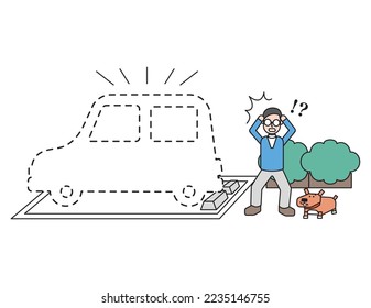 It is an illustration of a man who is surprised to have his car stolen.