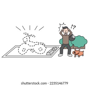 It is an illustration of a man who is surprised to have his motorcycle stolen.