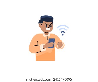 Ilustración de un hombre que está molesto porque su señal wifi es débil. enojado porque internet es lento. problemas de red o falta de conexión. la expresión facial de la gente. Estilo plano o de dibujos animados