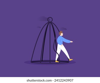 Illustration of a man who ventures out of his comfort zone. freed from confinement. go forward and gain freedom. stepping up to develop and succeed. flat illustration concept design. vector elements