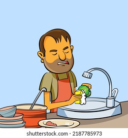 Illustration Of A Man Who Is Washing Up Dishes