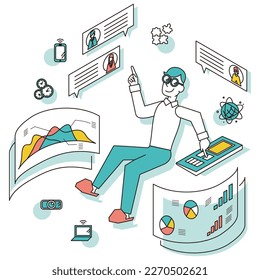 It is an illustration of a man who works from home using augmented reality.