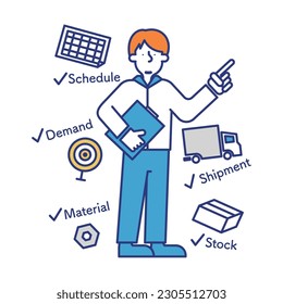 It is an illustration of a man who works in the manufacturing management occupation.
