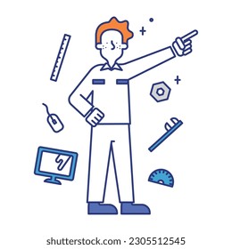 It is an illustration of a man who works as a mechanical designer.