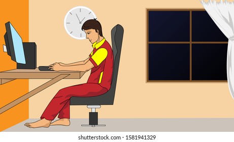 illustration of a man who works at midnight. minimalist flat cartoon design concept with black lines. eps 10