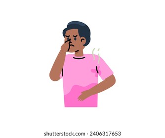 Illustration of a man whose armpits are wet. The armpits smell bad. squeezing nose so he's not smelling an unpleasant smell. flat or cartoon style illustration design. graphic elements. Vector