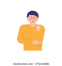 Illustration eines Mannes, dessen Ellbogen durch Fallen oder Rutschen verletzt wurde. kranke Person. Flachdesigns. kann für Elemente, Landing-Seiten, UI, Web-Sites verwendet werden.