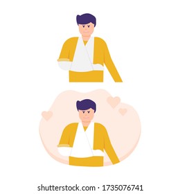 illustration of a man whose hand was bandaged or wearing a cast due to a broken bone. sick person. flat design. can be used for elements, landing pages, UI.