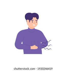 illustration of a man whose stomach rumbles or sounds because he is hungry. holding his stomach. experiencing stomach or ulcer pain. flat style. vector design