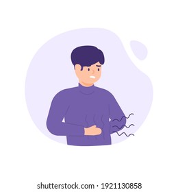 illustration of a man whose stomach rumbles or sounds because he is hungry. holding his stomach. experiencing stomach or ulcer pain. flat style. vector design