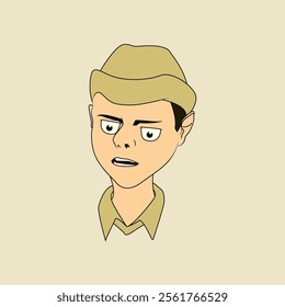 Illustration of a man with wide eyes and open mouth, wearing a hat and shirt. Cartoon style.