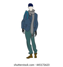 Illustration of man in winter jacket isolated. Person in grey trousers, long scarf and blue cap. Fashion sketch. Cute model couture show. Discounts and Sale concept. Warm clothes. Vector