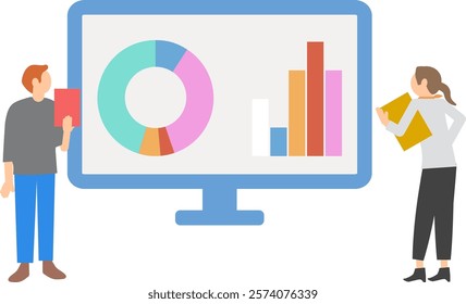 Illustration of a man and woman analyzing a graph while looking at a computer monitor