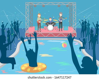 Illustration of Man and Woman in a Band Performing In a Pool Concert with Audience Watching Them In and By the Pool