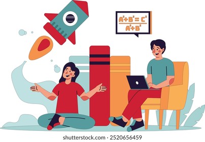 Illustration of man and woman brainstorming for business, professional business design concept with two people discussing to do business planning. colorful flat illustration design