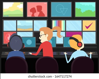 Illustration Of Man And Woman In The Broadcast Room In Front Of Multiple Screens As A Production Team