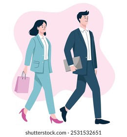 Illustration of a man and woman in business attire walking together, carrying a briefcase and shopping bag.