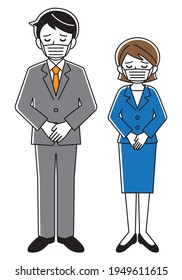 Illustration of a man and a woman in a business suit wearing a mask and bowing