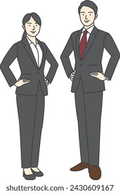 Illustration of a man and woman in business suits smiling and facing forward with their hands on their hips.