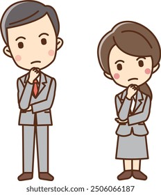 Illustration of a man and woman in business suits with their hands on their chins and their heads tilted back.