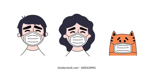 illustration of a man, a woman and a cat with medical masks on their face. It can be used as avatars, icons, and in other publications.