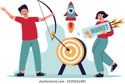 Ilustração de um homem e mulher celebrando porque o mercado está ocupado, um conceito de design de negócios bem-sucedido que atinge todos os alvos.