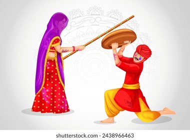 Illustration of Man and woman celebrating Lathmar Holi festival of India. Festival of colors Happy Holi