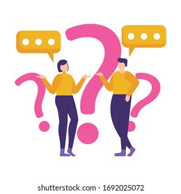 illustration of man and woman chatting to each other near the question mark. concept Frequently asked questions or FAQs, question marks around people, online support center. flat design.