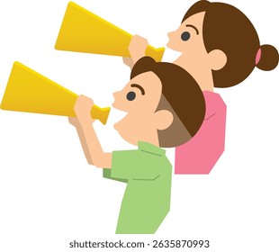 Illustration of a man and woman cheering with a megaphone