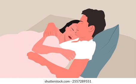 illustration of a man and woman couple, sleeping intimately, feeling the warmth of sleeping with love