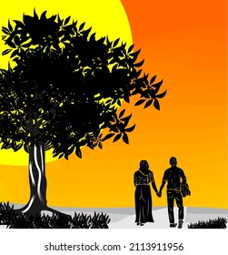 illustration of a man and woman couple walking in the afternoon, there are trees and sunset on a yellow background
