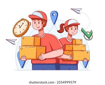 Illustration of a man and a woman courier holding several packages.
They are dressed in red uniforms and caps. Surrounding them are various icons representing timely and efficient delivery.