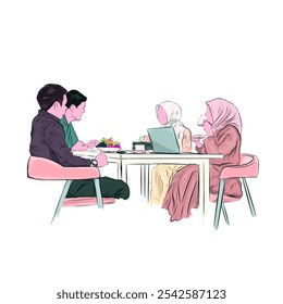 illustration of a man and woman discussing business matters in a restaurant