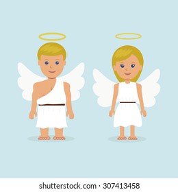 Illustration of a man and a woman dressed as an angel with wings and a halo.