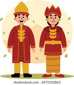 Ilustración de un hombre y una mujer vestidos con ropa tradicional de Sumatra Selatan, mostrando el rico patrimonio cultural de Indonesia, Sumatra del Sur