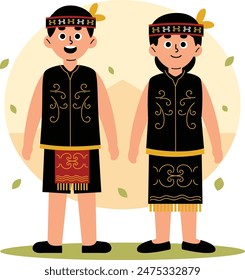 Illustration eines Mannes und einer Frau in traditioneller Kalimantan-Barat-Kleidung, die das reiche kulturelle Erbe Indonesiens, West Kalimantan Borneo, zeigt