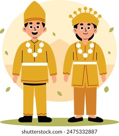 Illustration of a man and woman dressed in traditional Riau clothing, showcasing the rich cultural heritage of Indonesia